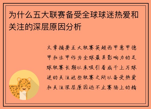 为什么五大联赛备受全球球迷热爱和关注的深层原因分析